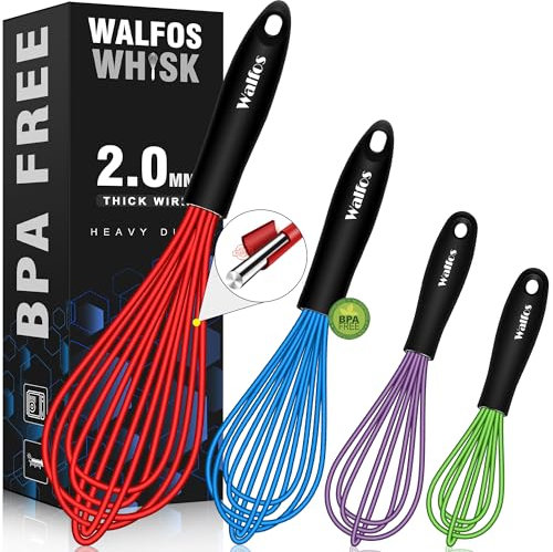 Walfos Silikon-Schneebesen, hitzebeständig, Küchenbesen zum Kochen, 4er-Set, antihaftbeschichtet, gummiert, für antihaftbeschichtetes Kochgeschirr, Ballon-Eier-Schneebesen, Mischen, Schlagen