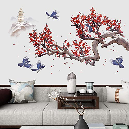 Runtoo Wandtattoo Kirschblütenbaum Ast Wandsticker Blumen Blüten Vögel Wandaufkleber Wohnzimmer Schlafzimmer Kinderzimmer Babyzimmer Wanddeko