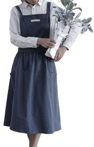 Schürze damen, japanische kochschürze damen, Baumwolle und Leinen, mit gekreuzten Trägern, Lätzchen, einfarbig, Baumwolle, Vintage, Küchenschürze mit 2 Taschen Gartenarbeit, Floristik