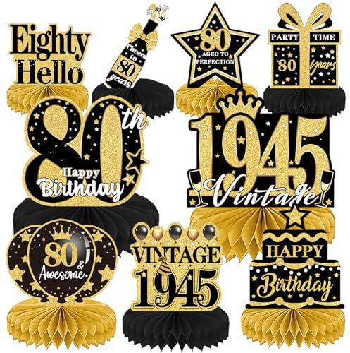 Luvart 80th Birthday Decorations-Black and Gold Table Decorations for Birthday Party 9pcs 80th Birthday Decorations for Men Women Honeycomb Decs Vintage 80 Birthday Party Table Decor Supplies