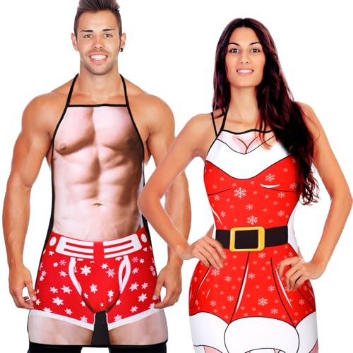 Neer 2 Stück Lustige Geschenke Set für Herren Damen Neuheit Grillschürze Muskel Kochschürzen Verstellbar Wasserdicht Küchenschürze für Weihnachten BBQ Party Erwachsene Paare (Schneeflocken Stil)