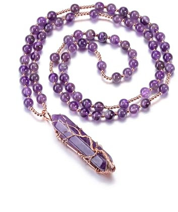 CrystalTears Amethyst Crystal Necklace for Women Tree Life Wire Wrapped Quartz Crystal Point Stone Pendant Necklace Gemstone Beaded Necklaces Jewellry Gifts for Women Mum Christmas