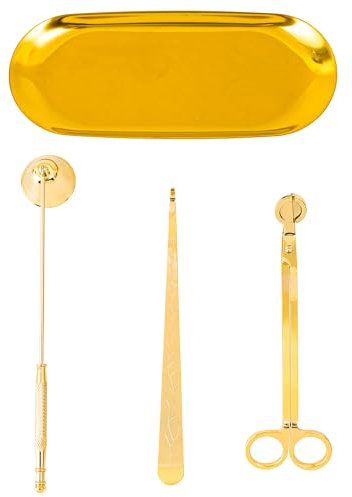 Calculs Candle Care Kit for Home Décor | Wick Trimmer, Candle Snuffers, Wick Dipper, Tray | 4 in 1 Candles Accessories Set (Gold)