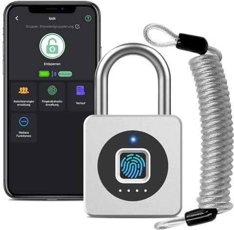 Eseesmart Fingerabdruck Schloss - Vorhängeschloss Fingerabdruck mit Kabel, Smart Lock with Bluetooth APP, Smart Schloss Wasserdicht für Schrank Helm Fahrrad Haus