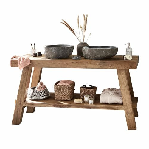 Loberon Doppelwaschtisch Eguenigue, Becken aus Naturstein, mit praktischer Ablagefläche, exklusiver Look, Badmöbel, Teakholz, braun/grau