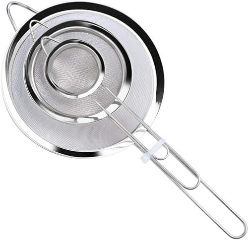 Sieves and Strainers – 7cm, 12cm, 18cm Pack of 3 Fine Mesh Strainer, Stainless Steel Sieve, Rust Free, Dishwasher Safe for Baking and Cooking