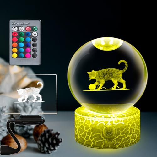 Yan-tech Klare 8CM Kristallkugel niedliche Katze Tier Bild romantische Atmosphäre Lampe für Fotografie Vlog robuste K9 Glaskugel Figuren USB Touch Base Nachtlicht für Kinder Erwachsene Freunde Party