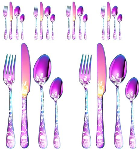 XIAOYU 24-Piece Halloween Themed Skull Silverware Set, Gothic Skull Pattern Design, Stainless Steel Flatware Set Serving for 6, Knives Forks Spoons Cutlery Daily Halloween Party Event, Rainbow