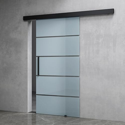 Mai & Mai Porta Scorrevole in Vetro 102.5x215cm, Porta Scorrevole con Sistema Softclose in Vetro Satinato 8mm in 5 Strisce con Binario e Maniglia Per Asta, Nero, Amalfi-plus 13H
