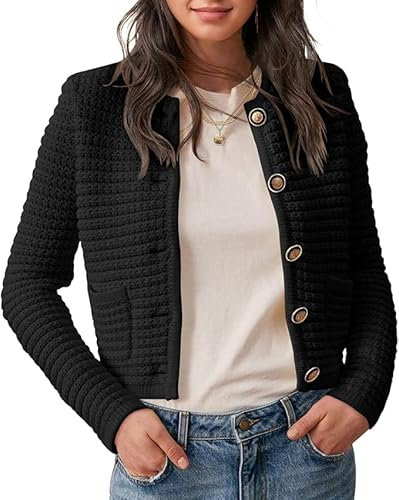 Saodimallsu Damen Kurz Strickjacke Langarm Cardigan Rundhalsausschnitt Knopfleiste Strickweste Vintage Trachtenjacke Elegante Oberteil mit Taschen Schwarz L