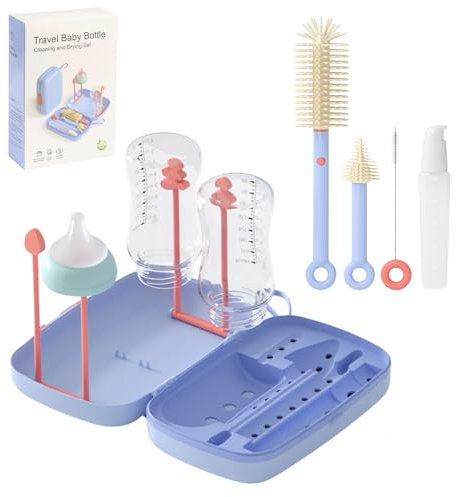 UABA Limpia Biberones & Escurre Biberones 7-en-1 – Cepillo Silicona 360°, Cepillo Tetinas, Pajitas + Botella Jabón │ Kit de Viaje Plegable sin BPA (Azul)