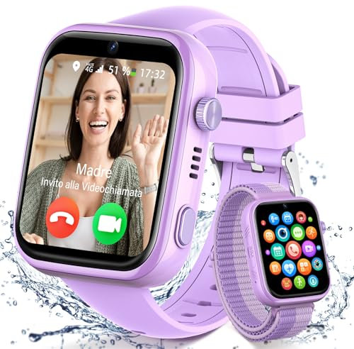 XINGHESF 4G Reloj Inteligente Niño, Pantalla HD de 1,83 Pulgadas, con GPS/WiFi/SOS/Videollamadas/Whatsapp/5 Modos Deportivos, Resistente al Agua IP67 - Regalo para Niños y Niñas, Incluye 2 Correas