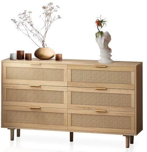 Pawom Komodenschrank mit 6 Schubladen, kommode mit schubladen Schlafzimmer, Rattan Chest of Drawers, Kleider kommode Holz, TV Schrank, Dresser (Natural, 130CM)