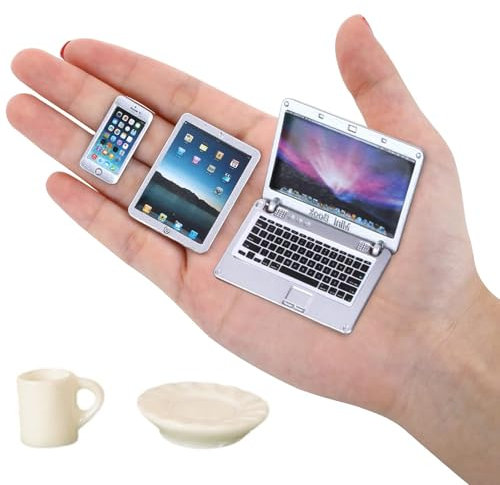 5 Pieces Dollhouse Learning Accessories, 1:12 Mini Dollhouse Laptop, Gnome Accessory Set, Dollhouse Scene Simulation for Photo Props DIY Role Play (Silver)