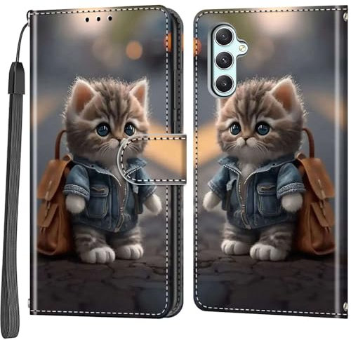 Handyhülle für Samsung Galaxy A34 5G Hülle, Magnetische Flip Stoßfeste Schutzhülle mit Standfunktion Kartenfächern Klapphülle Handytasche Katze