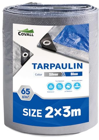 Covall Tarpaulin Light-Duty Tarp Groundsheet Sheet Cover 2x3m Waterproof 65g/m² Silver&Blue tarpaulin with eyelets Weatherproof Windproof UV-Resistant for Car Truck Rv House Tent Boat Pool