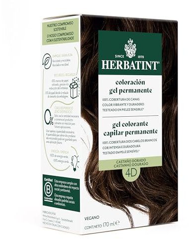 Herbatint Coloración Gel Permanente para Cabello 4D Castaño Dorado - 170 ml | Sin Amoniaco, Cobertura Óptima de Canas | para Pieles Sensibles, con 8 Extractos Naturales Bio