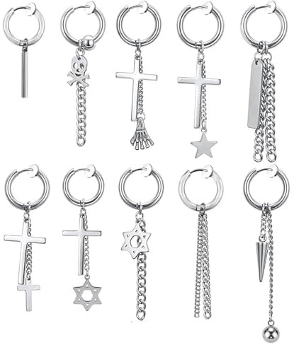 10 Stück Edelstahl Kreuz Kette Baumeln Ohrringe, Punk Gothic Kpop Ohrringe Set, Kreuz Baumelnde Ohrringes Set, Creolen mit Quer Ohrringes Herren Silber