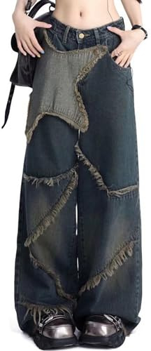 DINGJIUYAN Women Streetwear Wide Leg Jeans Mid Rise Star Frayed Baggy Denim
