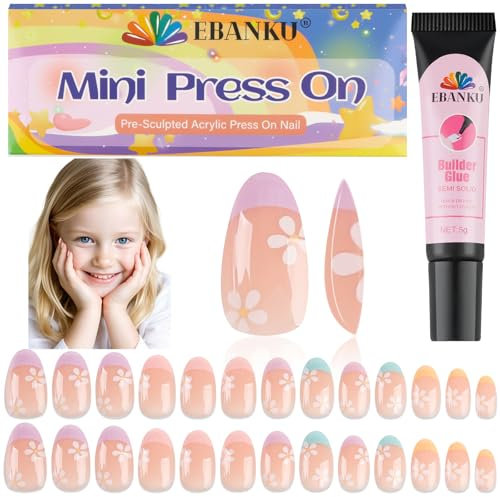 26 Pieces Press on Nails for Kids, EBANKU 1 Pack Kid Fake Nail Pink Flower Press on Nails for Girls 5-12 Years with Nail Glue