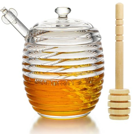H&D HYALINE & DORA 9oz Glass Honey Dispenser with Dipper, Clear Crystal Pot for Home Kitchen, Store Honey and Syrup, Easy to Clean