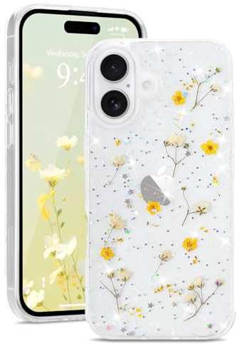 L-FADNUT for iPhone 16 Plus Case Glitter Floral Clear for Women, Yellow | Real Dried Flowers with Sparkle Cover for Women Girls, Cute Handmade Pressed Floral Clear Shockproof Protective Phone Case
