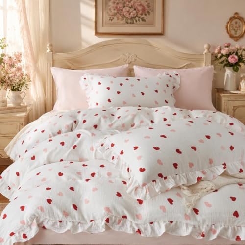 Sedefen Musselin Bettwäsche 200x220 Baumwolle Rot Rosa Herzen Bettwäsche-Set mit Rüschen ÖKO-TEX Bettwäsche Musselin mit Reißverschluss, Bettbezug mit 2 Kissenbezüge 80x80 cm