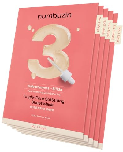 numbuzin Blattmaske Nr. 3 | 5 Blätter | Porenstraffende Gesichtsmaske | Porenverkleinernde Gesichtsmaske | Hautglättende Gesichtsmaske mit Bifidax | spendet Feuchtigkeit, glättet raue Haut