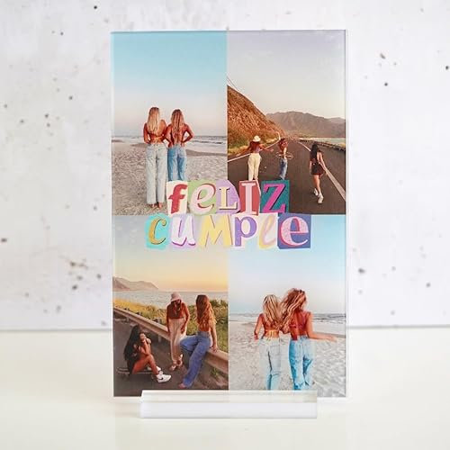 Cristal Plaque Placa Feliz Cumpleaños y 4 fotos personalizables – Metacrilato Premium y Base de metacrilato o Marco Led – Regalo Original para Amigos y Familiares