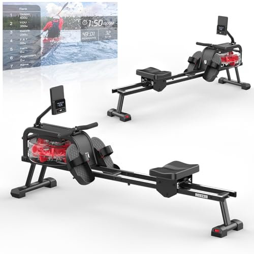 Neezee Rudergerät Wasser, Rudergerät für zuhause mit Professioneller LCD Monitor und Tablet Halterung, Wasserrudergerät mit Kinomap APP immersives Rudererlebnis, Max 160kg Belastbar
