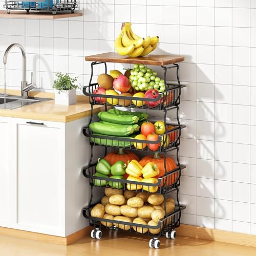 5 Tier Vegetable Fruit Basket for Kitchen, Stackable Metal Fruit and Vegetable Storage Baskets with Rolling Wheels Cart, Pantry organisers and storage for Kitchen Bathroom Livingroom Laundry room Cart