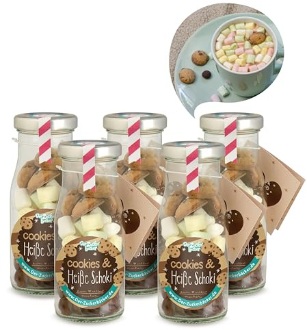 DIY Cookie Heiße Schoki 5er Set – Winterliches Geschenkset im Glas mit Zartbitterschokolade, Marshmallows & Cookies – süße Mitbringsel, Weihnachts- & Nikolaus-Idee