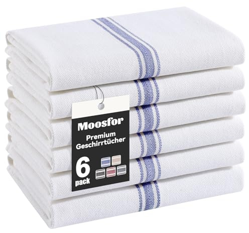 Moosfor Premium Geschirrtücher 100% Baumwolle 6er Set 38 x 64 cm Marineblau | Saugstarke & Langlebige Küchentücher, Oeko-TEX Zertifizierte Weiche Dicke Geschirrhandtücher spültücher, Gastronomiequalität