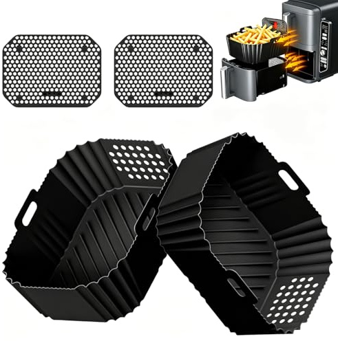 4Teiliges Airfryer Zubehör passend für Ninja Double Stack XL 9,5L Air Fryer | Geeignet für Ninja SL400EU Heißluftfritteuse,mit 2 Silikonform Heißluftfritteuse und 2 Silikon Spritzschutz,Schwarz