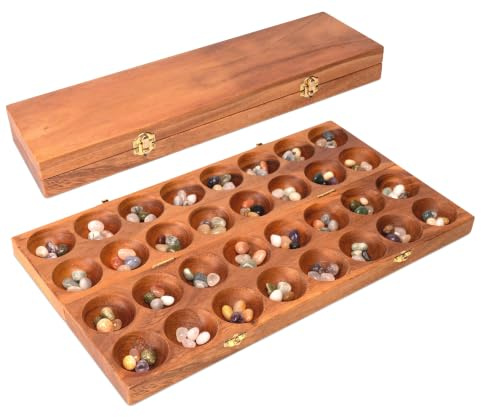 LOGOPLAY Hus Spiel aus 100% FSC-zertifiziertem Holz | Massivholz - antiker goldener Verschluss - Bao - Kalaha - Mancala - Steinchenspiel -inkl. Edelsteine