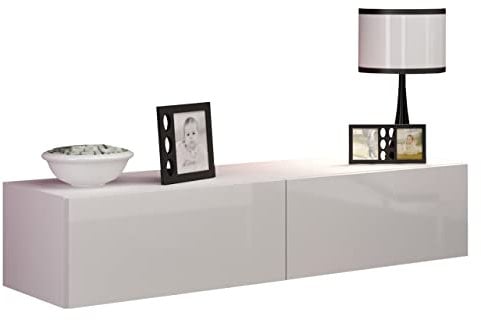 Mirjan24 TV Schrank Vigo, Fernsehschrank, TV Lowboard mit Grifflose Öffnen, Hängeschrank Hochglanz Matt Wohnwand (Länge: 140 cm, Weiß/Weiß Hochglanz)