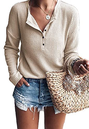 WNEEDU Women's Long Sleeve Tops Waffle Knit T-Shirts Loose V Neck Tunic Henley Shirts Button Up Blouse Beige