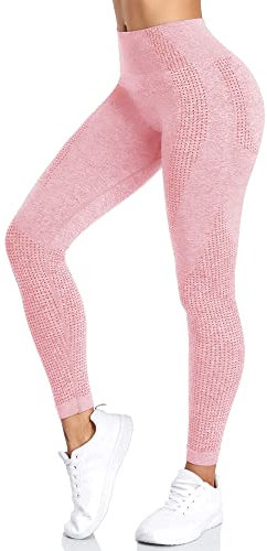 Yaavii Damen Sport Leggings Lange Blickdicht Yoga Leggings Figurformende Sporthose Yogahose Fitnesshose mit Hohe Taille Bauchkontrolle Rosa2 L