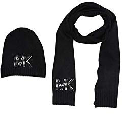 Michael Kors Womens Dome Studded Scarf & Hat Set (Black/Silver)