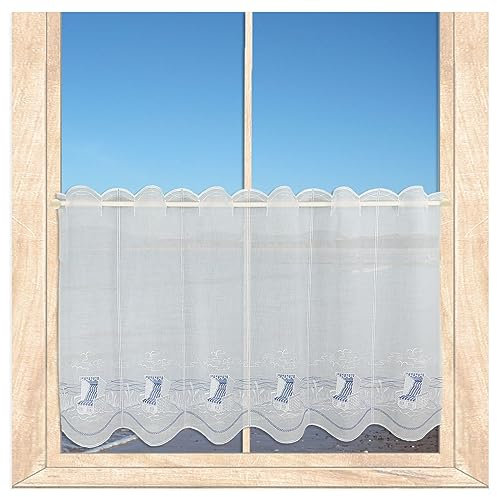 atelier alles-Spitze Scheibengardine Am Meer | Maritim in blau-weiß bestickte Kurzgardine | Ideal als Badgardine geeignet| Höhe x Breite 45 x 80 cm