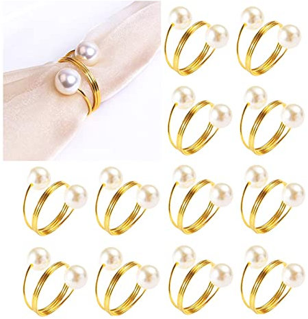 Anloo Perlen Serviettenringe Hochzeit, Silber Gold Serviette Serviette Schnallenhalter für Valentinstag, Weihnachten, Familientreffen, Dinnerparty (Gold-12 PCS)