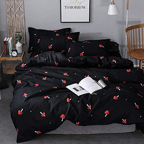 Niedlicher Pilz Bettbezug 135x200 Kinder Cartoon Kawaii Bettwäsche-Set Roter Pilz Trösterbezug Bauernhaus Botanischer Tagesdecken Schöne natürliche Wildpflanzen Bettbezug, Schwarz, Reißverschluss