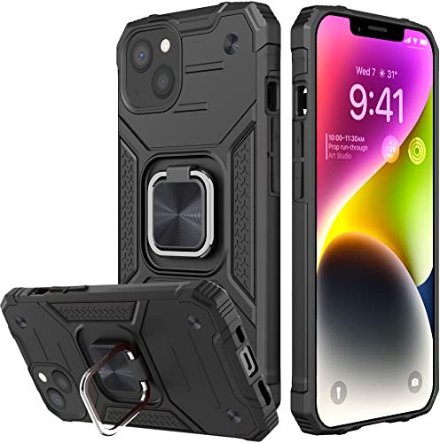 Honeyview ShockProof Case for iPhone 13/14 with Ring Kickstand, Bumper Armour Phone Cover for Apple iPhone 13/14 - Black