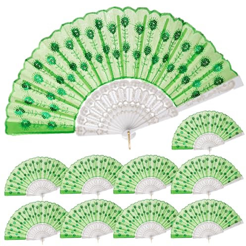 QIRMIZI 10 PACK Fabric Folding Handheld Fans, Perfect for Weddings, Parties, and Dancing,Green