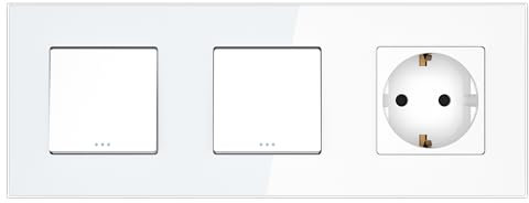 PULSAR Wechselschalter x 2 mit Steckdose Weiß Glas 3-Fach, Lichtschalter Doppelt mit Wandsteckdose mit Kindersicherung Unterputz 16A 228 x 86mm