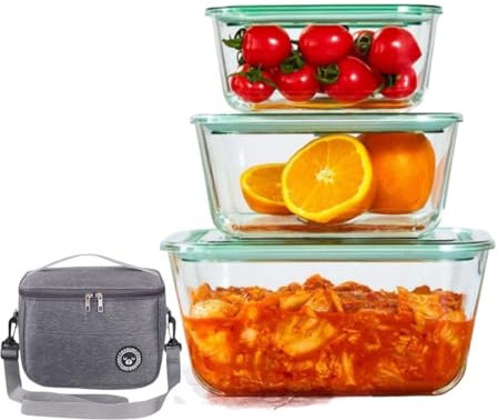 GRFELI Juego de 3 cuencos cuadrados de cristal con tapa (800 ml, 1500 ml, 2800 ml), ensaladera grande, apto para lavavajillas, horno (sin tapa), apto para congelador