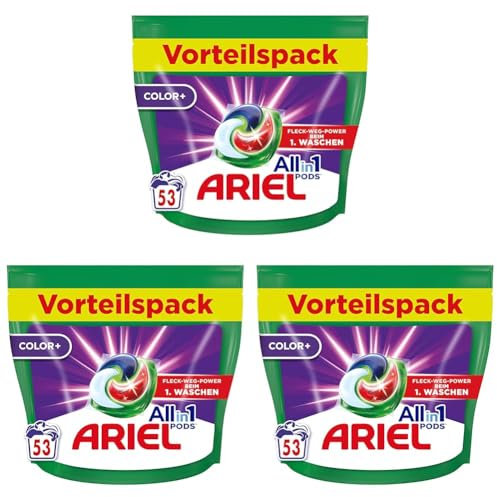 Ariel Allin1 PODS, Flüssigwaschmittel-Kapseln Color+ 53 Waschladungen, Ausgezeichnete Fleckentfernung Beim 1. Waschen (Packung mit 3)