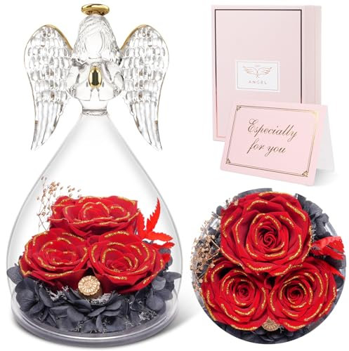 Sunia Ewige Rose Engel Geschenke für Mama,3 Ewige Rose im Glas Engel,Infinity Rose Geschenke für Frauen,Geburtstagsgeschenk für Frauen Mutter Oma, Geschenk Valentinstag Muttertag