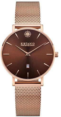 Kistanio Petit Damenuhr mit Milanaiseband Datum Edelstahl Rose Braun Saphirglas RG-BR-M