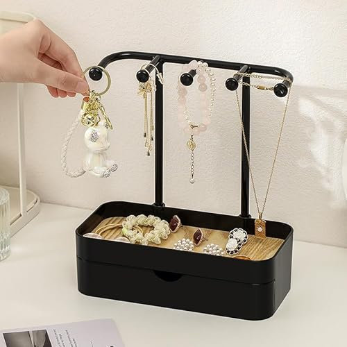 inkihuit Kettenständer Schmuckständer mit Schubladen, Schmuckhalter mit Holz Aufbewahrungsbasis, Kompakt Schmuck Organizers mit 5 Haken, für Ketten & Armbänder,Ringe & Ohrringe, Elegantes Schwarz